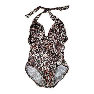 Aqua Green Women's Ring Front Leopard Print One Piece Swimsuit Sz S